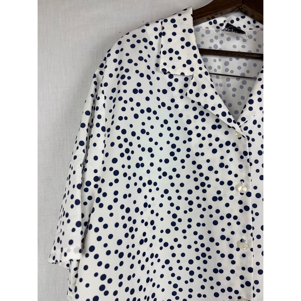 Polka Dot Button Down Short Sleeve Camp Collar Shirt White Navy Blue Blouse - Picture 3 of 13